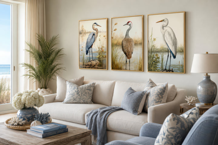 Set of 3 framed canvas wall art featuring a Blue Heron, Sandhill Crane, and Great Egret.