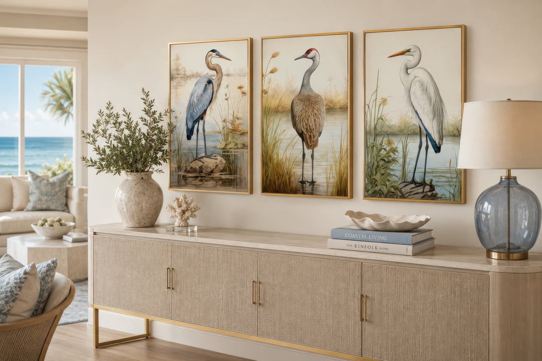 Set of 3 framed canvas wall art featuring a Blue Heron, Sandhill Crane, and Great Egret.