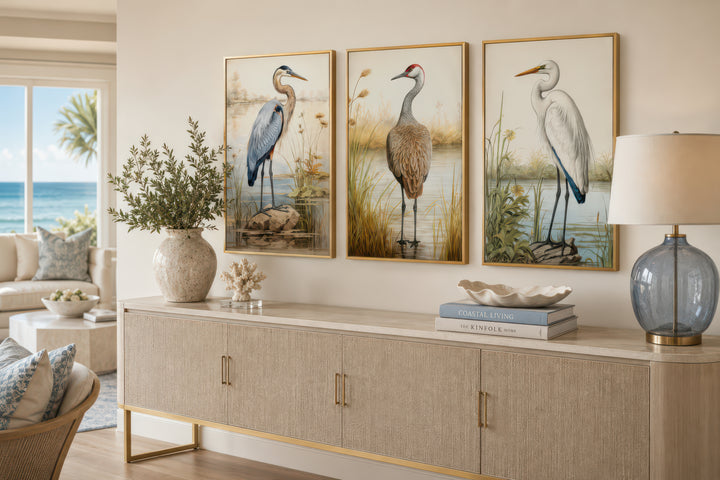 Set of 3 framed canvas wall art featuring a Blue Heron, Sandhill Crane, and Great Egret.