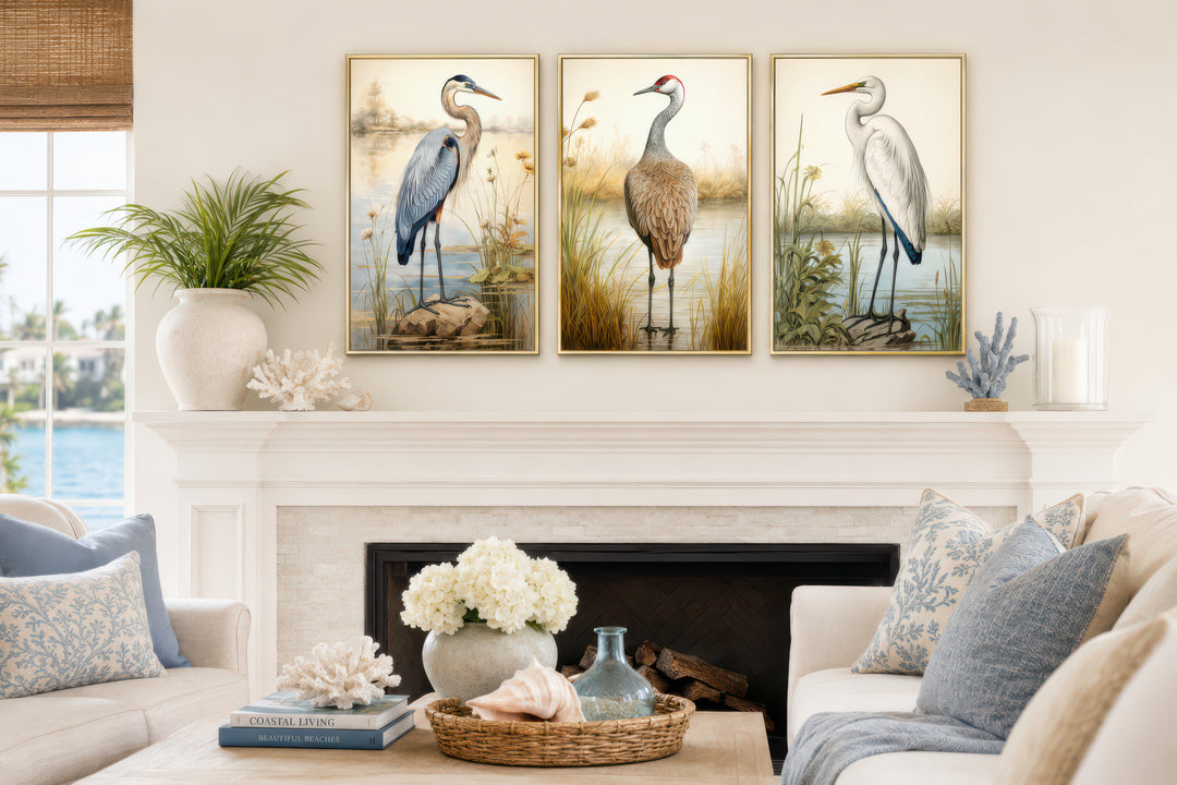 Set of 3 framed canvas wall art featuring a Blue Heron, Sandhill Crane, and Great Egret.
