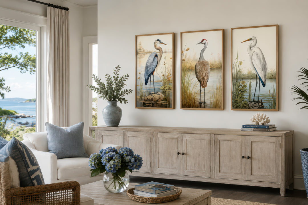 Set of 3 framed canvas wall art featuring a Blue Heron, Sandhill Crane, and Great Egret.