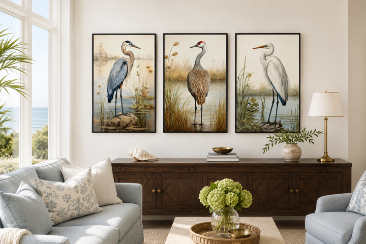 Set of 3 framed canvas prints featuring a Blue Heron, Sandhill Crane, and Great Egret.