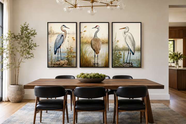 Set of 3 framed canvas prints featuring a Blue Heron, Sandhill Crane, and Great Egret over a table.