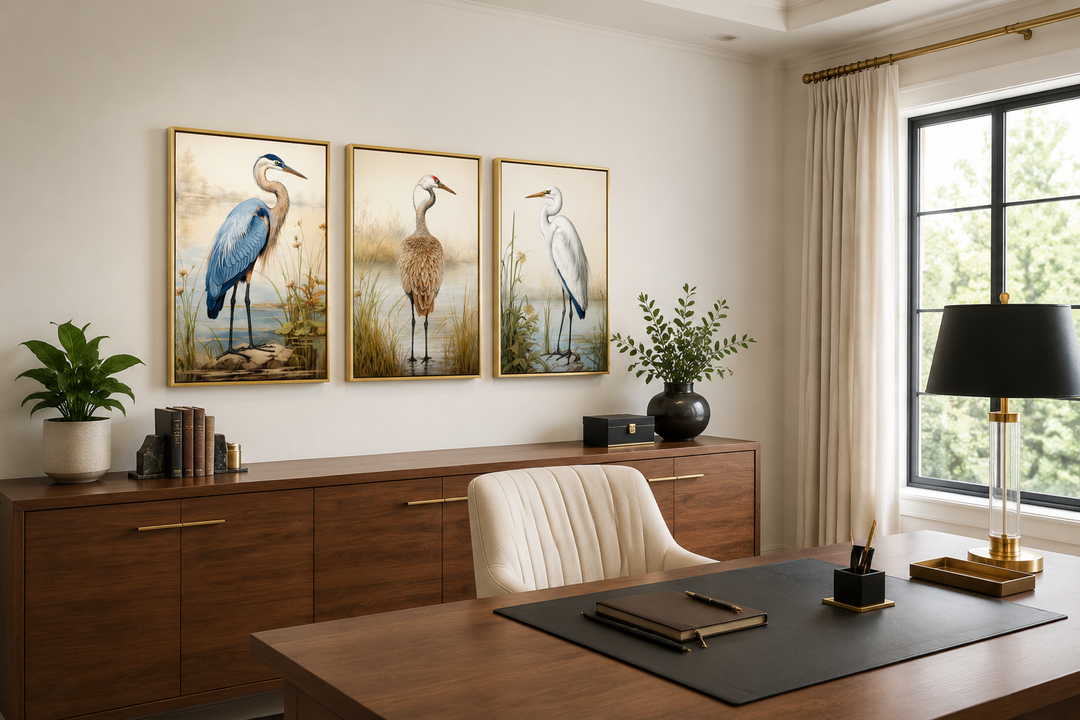 Set of 3 framed canvas wall art featuring a Blue Heron, Sandhill Crane, and Great Egret in an office.