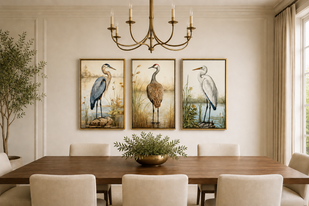 Set of 3 framed canvas wall art featuring a Blue Heron, Sandhill Crane, and Great Egret.