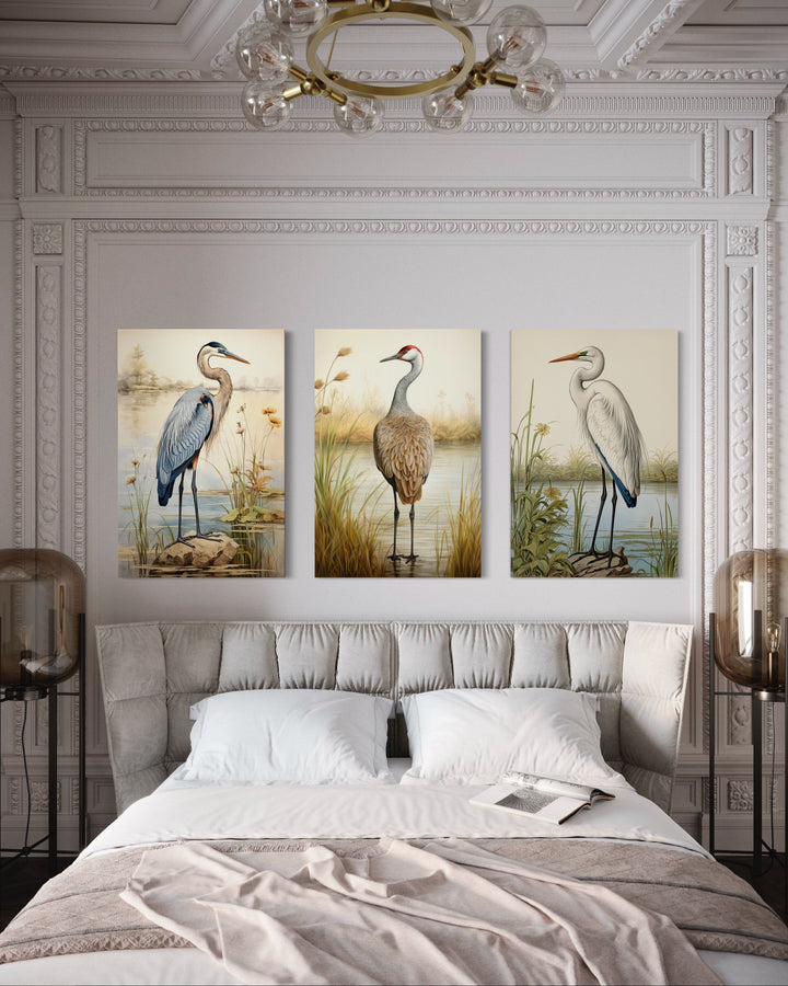 Set of 3 Coastal Birds Framed Canvas Wall Art - Blue Heron, Great Egret, Sandhill Crane