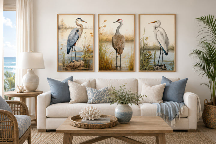 Set of 3 framed canvas wall art featuring a Blue Heron, Sandhill Crane, and Great Egret over a sofa.