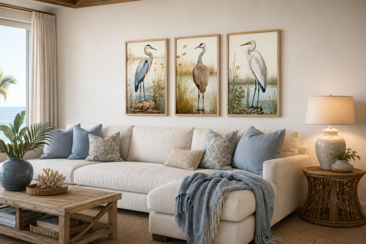 Set of 3 framed canvas prints featuring a Blue Heron, Sandhill Crane, and Great Egret over a sofa.