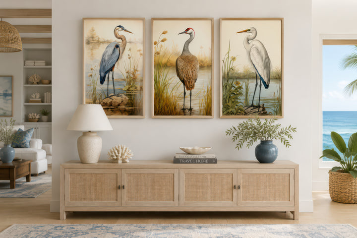 Set of 3 framed canvas wall art featuring a Blue Heron, Sandhill Crane, and Great Egret.