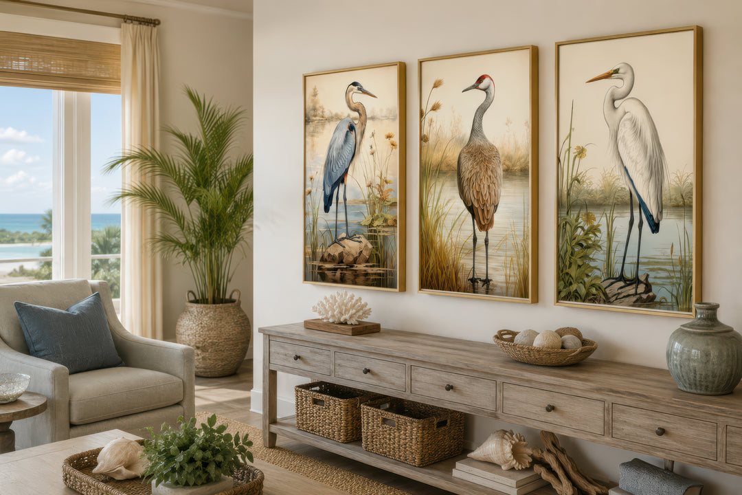 Set of 3 framed canvas wall art featuring a Blue Heron, Sandhill Crane, and Great Egret.