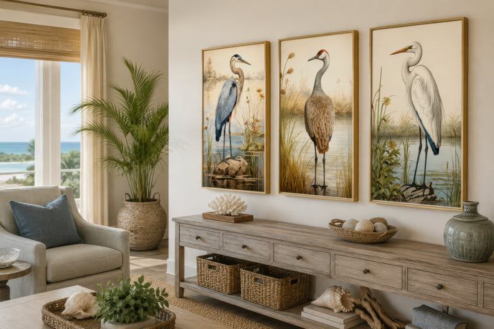 Set of 3 framed canvas wall art featuring a Blue Heron, Sandhill Crane, and Great Egret.