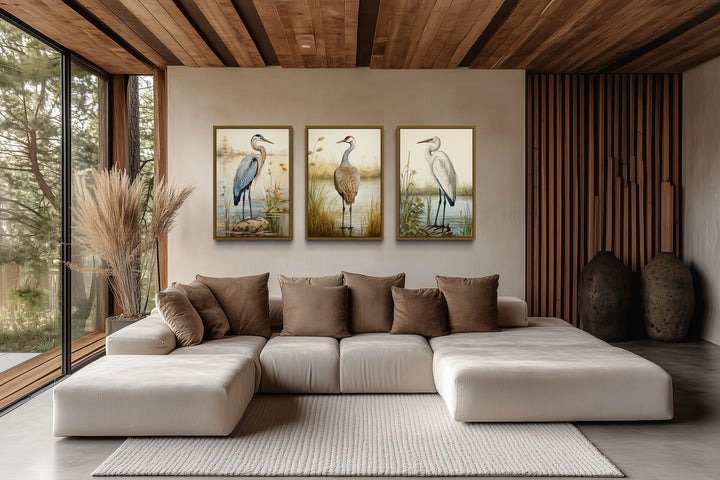 Set of 3 Coastal Birds Framed Canvas Wall Art - Blue Heron, Great Egret, Sandhill Crane