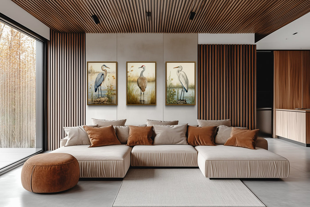 Set of 3 Coastal Birds Framed Canvas Wall Art - Blue Heron, Great Egret, Sandhill Crane