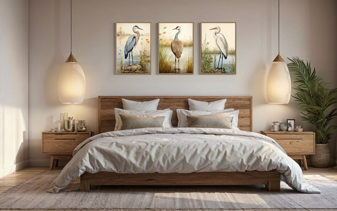 Set of 3 framed bird canvas prints featuring a Blue Heron, Sandhill Crane, and Great Egret.