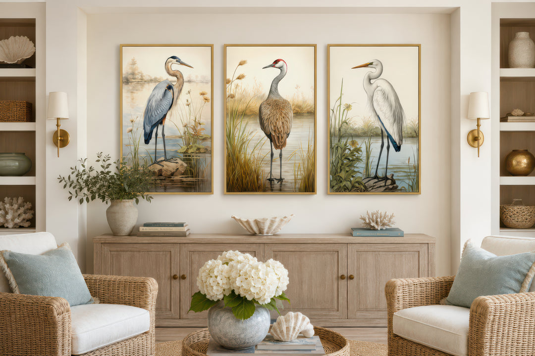 Set of 3 framed canvas wall art featuring a Blue Heron, Sandhill Crane, and Great Egret.
