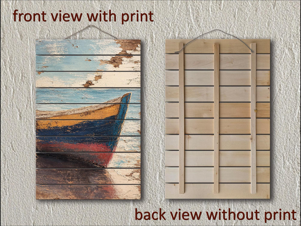 Front and back view of a distressed wood wall art panel featuring a colorful rowboat on a shore.