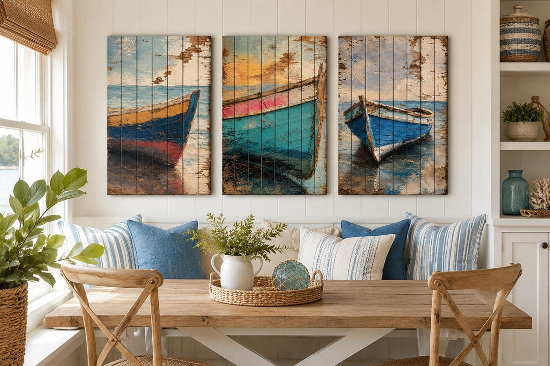 Set of 3 colorful rowboat prints on distressed wood panels in a coastal dining nook.
