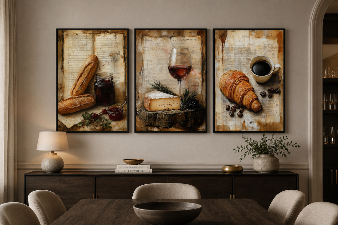 Set of 3 framed prints featuring a croissant, coffee, cheese, wine, and baguette on old recipe pages.