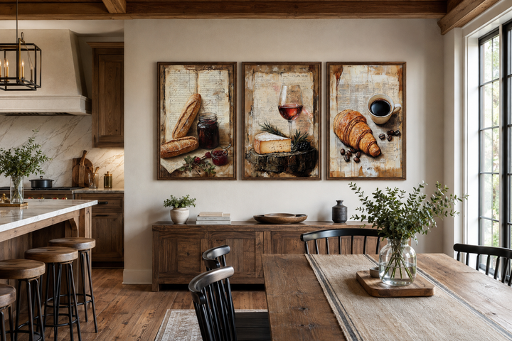 Set of 3 vertical wall art prints featuring a croissant, coffee, cheese, wine, and baguettes.