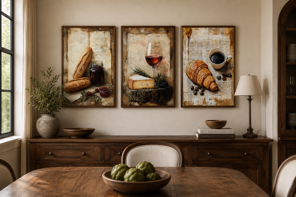 Set of 3 framed wall art prints featuring a croissant, coffee, cheese, wine, and baguette.