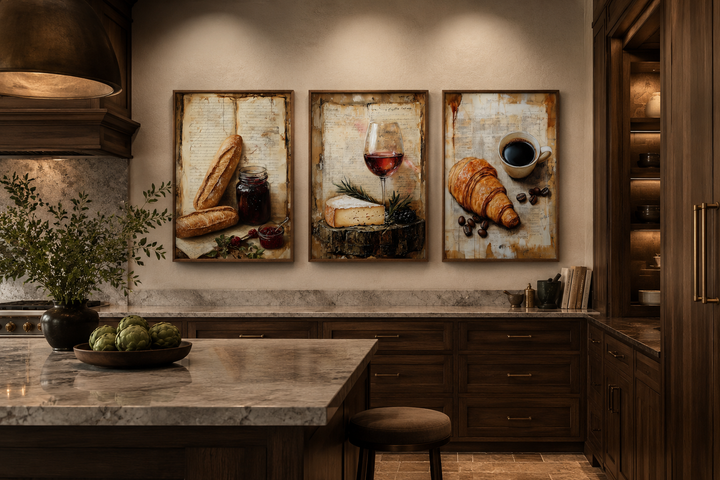 Set of 3 kitchen wall art featuring croissant, coffee, cheese, wine, and baguette on recipe pages.