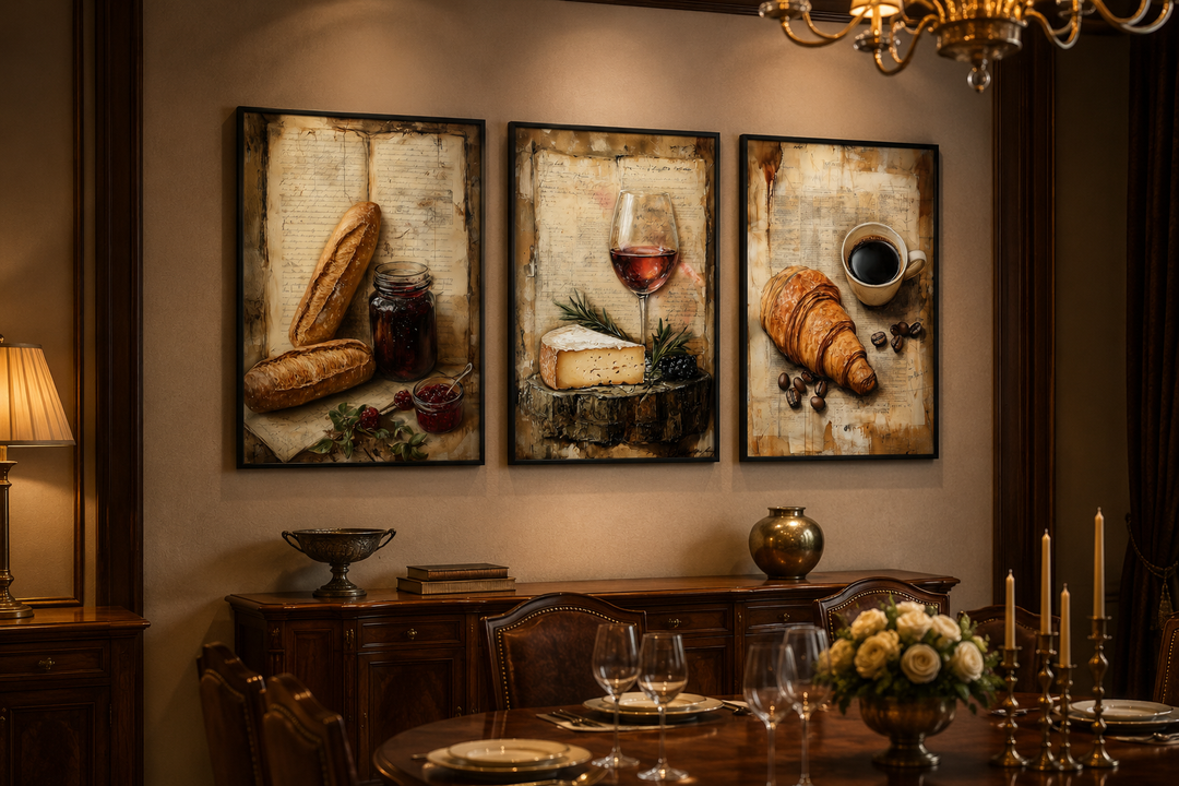 Set of 3 framed wall art featuring a croissant, coffee, cheese, wine, and baguette on recipe pages.