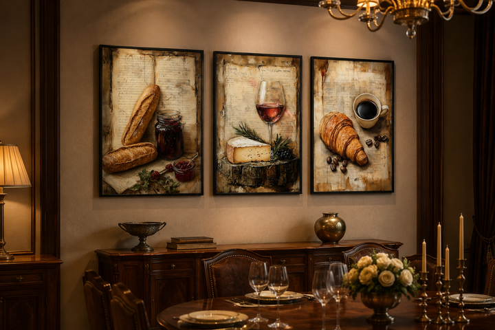 Set of 3 framed wall art featuring a croissant, coffee, cheese, wine, and baguette on recipe pages.