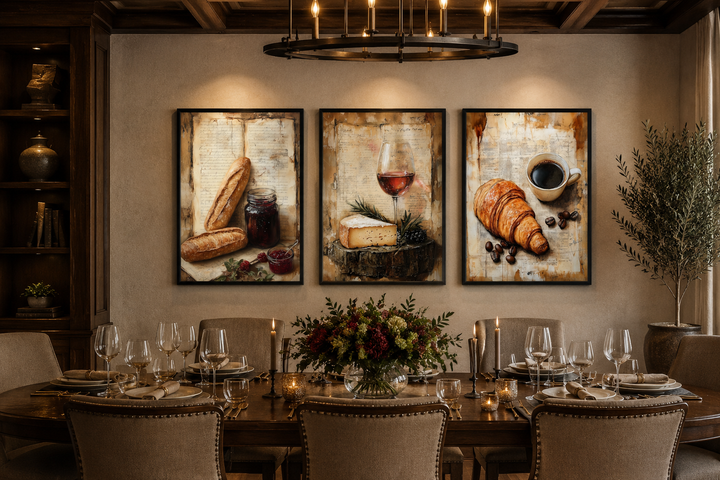 Set of 3 dining room wall art featuring a croissant, coffee, cheese, wine, and baguette on old paper.