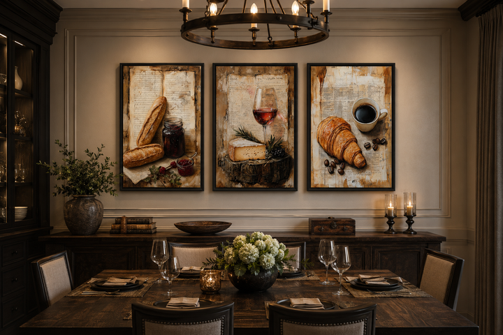 Set of 3 framed prints featuring a croissant, coffee, wine, cheese, and baguette on recipe pages.