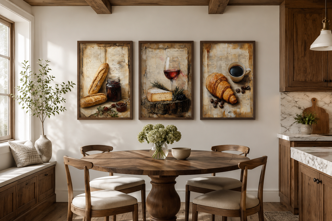 Set of 3 dining room wall art prints featuring coffee, croissants, wine, and cheese on recipe pages.