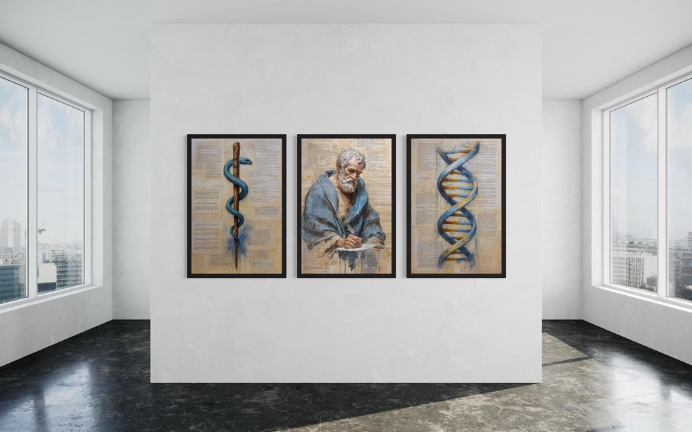 Set of 3 Doctors Office Wall Art, Rod of Asclepius, DNA And Hippocrates Prints, Blue Beige Medical Decor