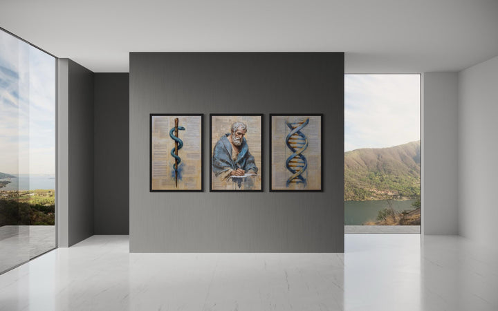 Doctor Introduction Wall Design Set of 3 medical wall art prints: Rod of Asclepius, DNA, and Hippocrates.