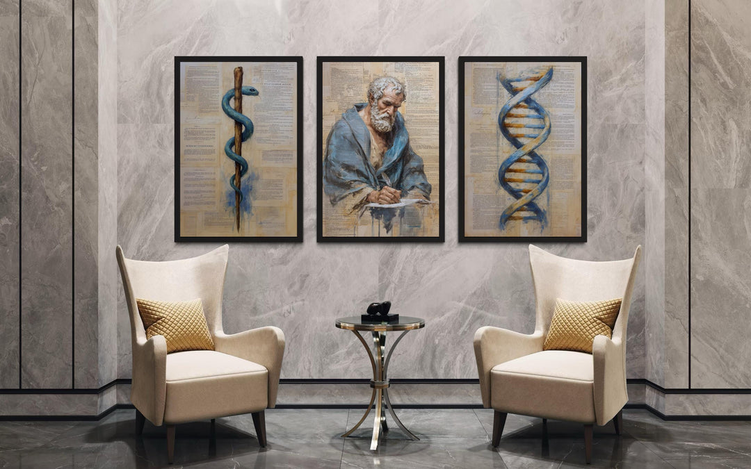 Set of 3 Doctors Office Wall Art, Rod of Asclepius, DNA And Hippocrates Prints, Blue Beige Medical Decor