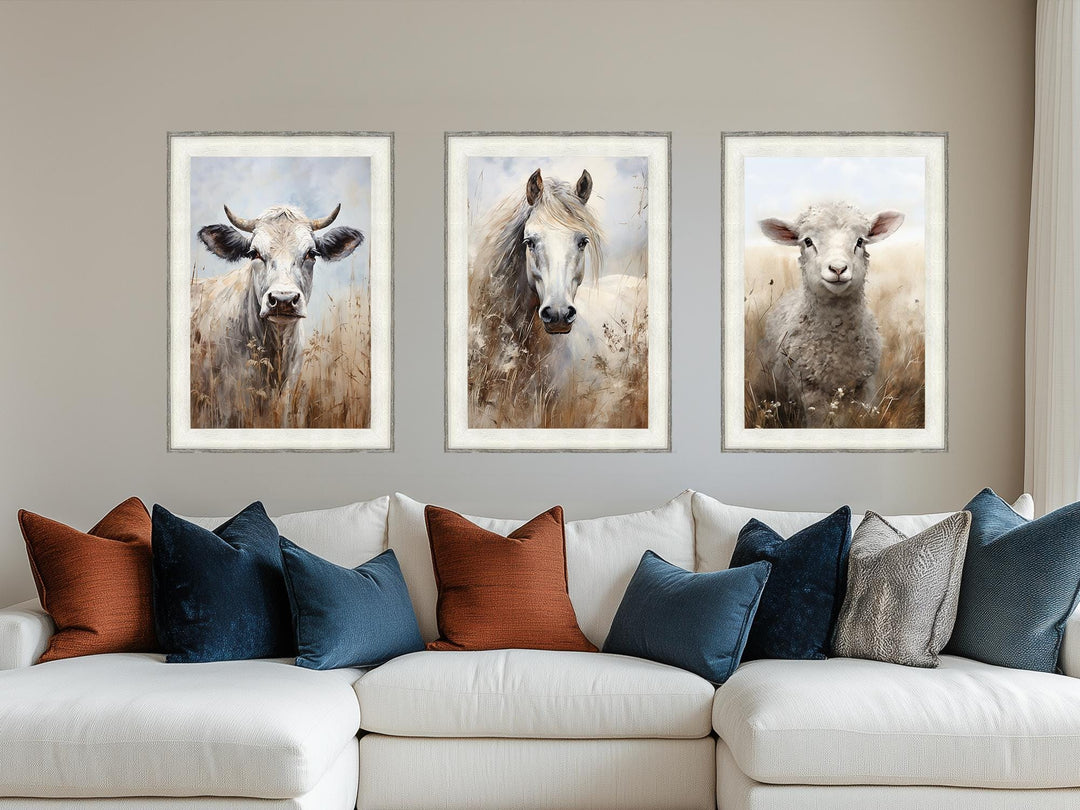 Set of 3 Farm Animals Barnwood Frame Canvas Wall Art - Cow, Horse And Sheep