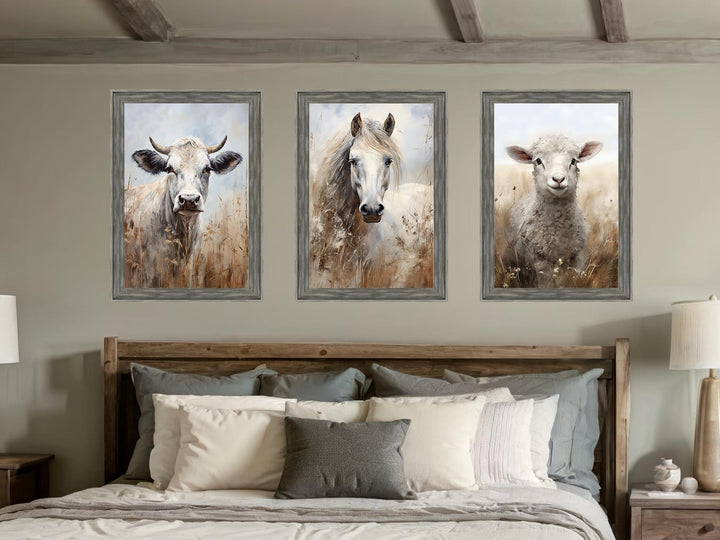 Set of 3 Farm Animals Barnwood Frame Canvas Wall Art - Cow, Horse And Sheep