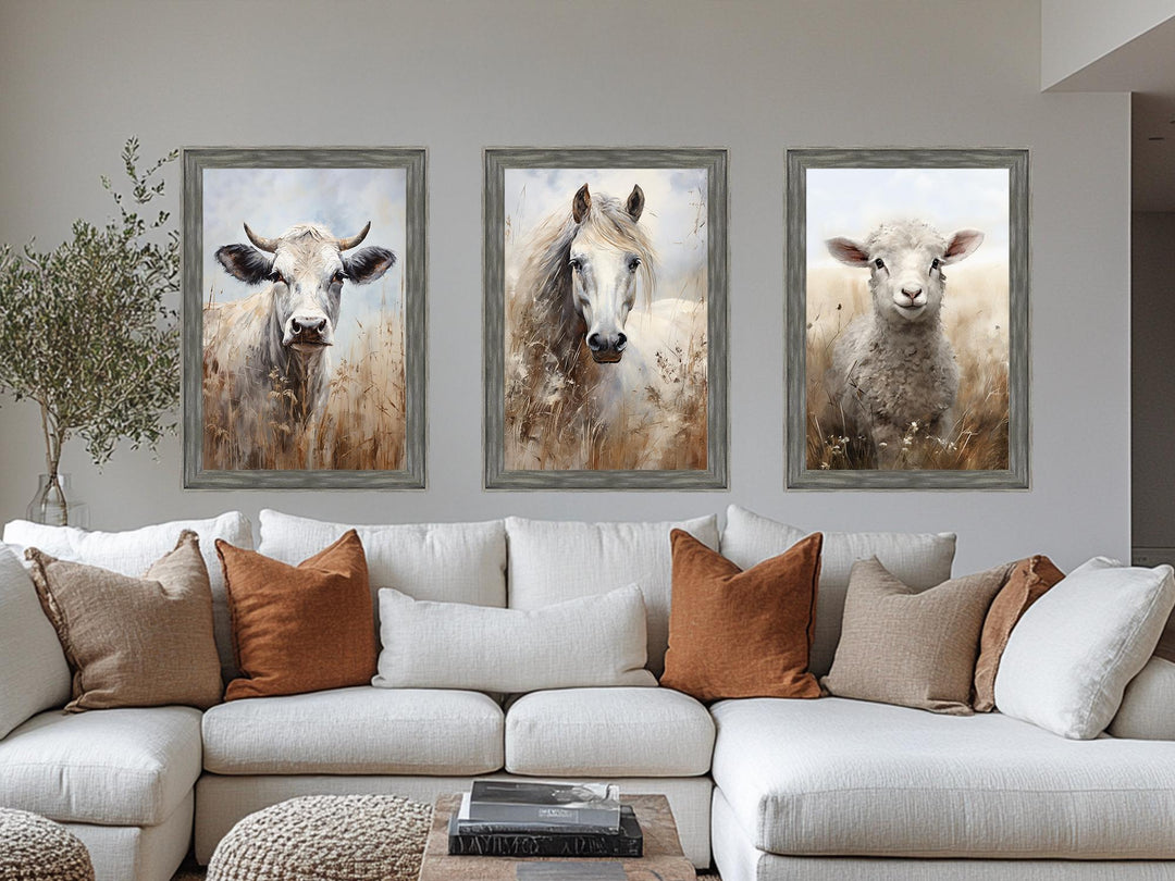 Set of 3 Farm Animals Barnwood Frame Canvas Wall Art - Cow, Horse And Sheep