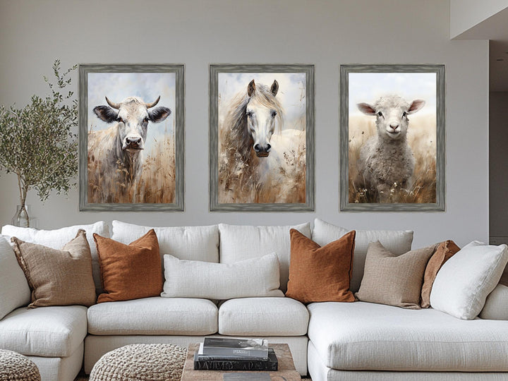 Set of 3 Farm Animals Barnwood Frame Canvas Wall Art - Cow, Horse And Sheep