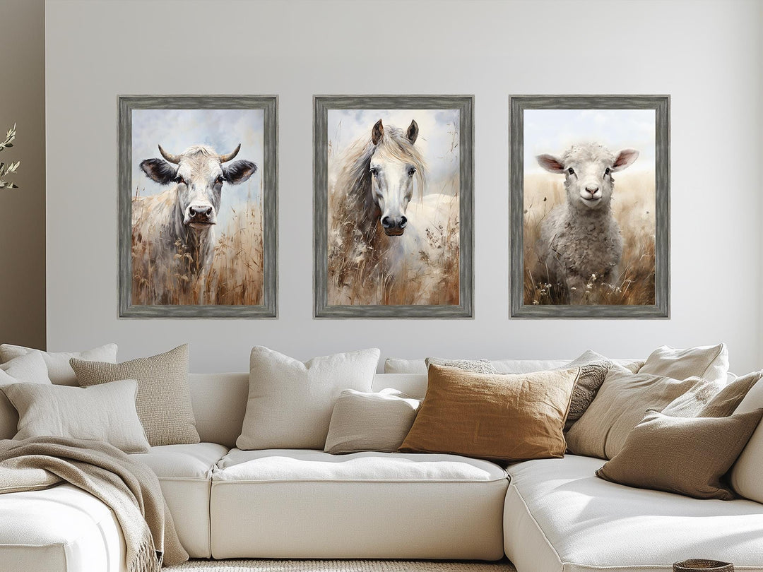 Set of 3 Farm Animals Barnwood Frame Canvas Wall Art - Cow, Horse And Sheep