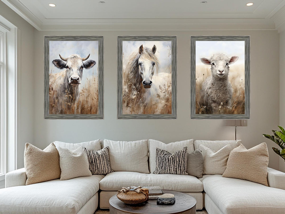 Set of 3 Farm Animals Barnwood Frame Canvas Wall Art - Cow, Horse And Sheep