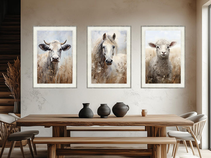 Set of 3 Farm Animals Barnwood Frame Canvas Wall Art - Cow, Horse And Sheep