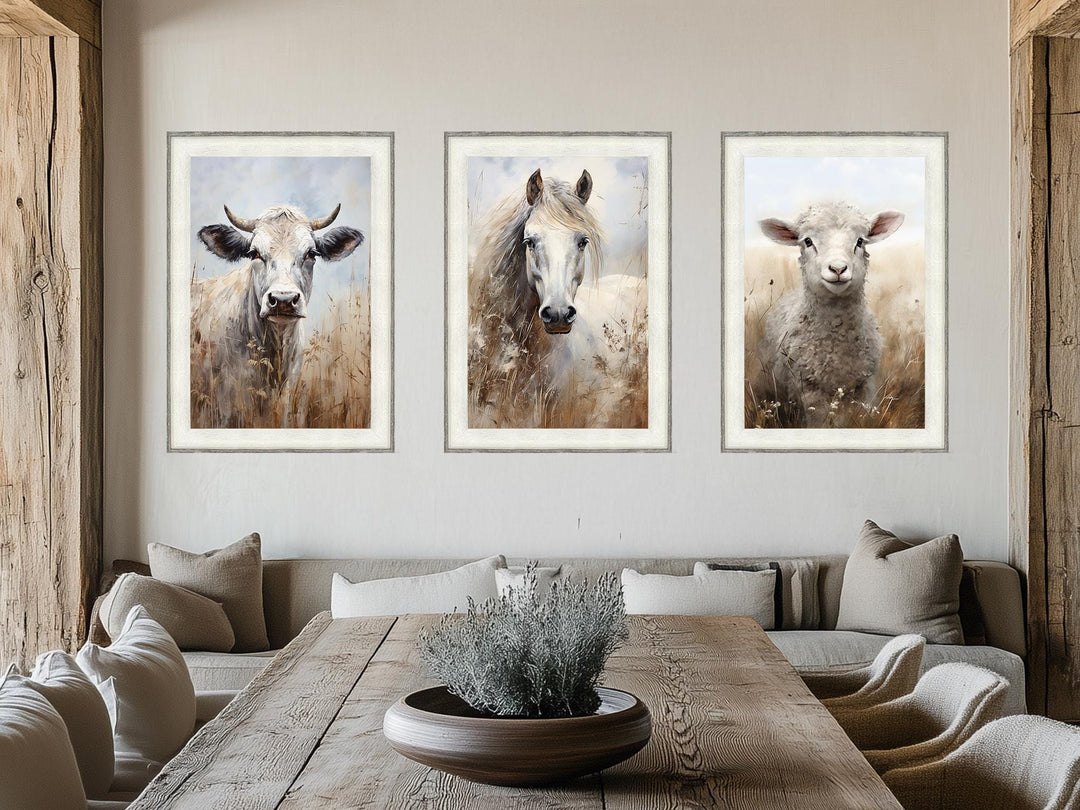 Set of 3 Farm Animals Barnwood Frame Canvas Wall Art - Cow, Horse And Sheep