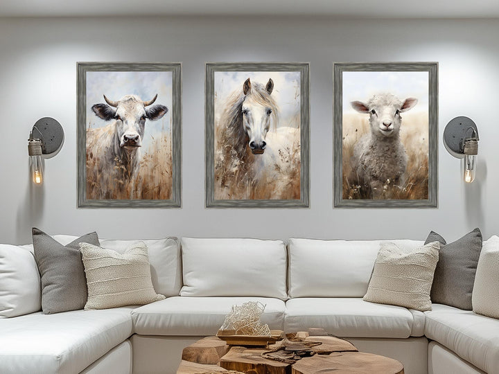 Set of 3 Farm Animals Barnwood Frame Canvas Wall Art - Cow, Horse And Sheep