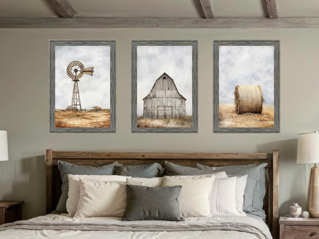 Set of 3 Farmhouse Barnwood Frame Canvas Wall Decor - Rustic Barn, Hay And Windmill