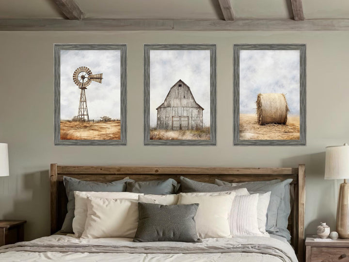 Set of 3 Farmhouse Barnwood Frame Canvas Wall Decor - Rustic Barn, Hay And Windmill