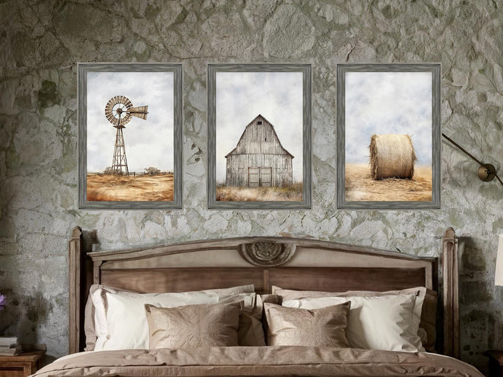 Set of 3 Farmhouse Barnwood Frame Canvas Wall Decor - Rustic Barn, Hay And Windmill