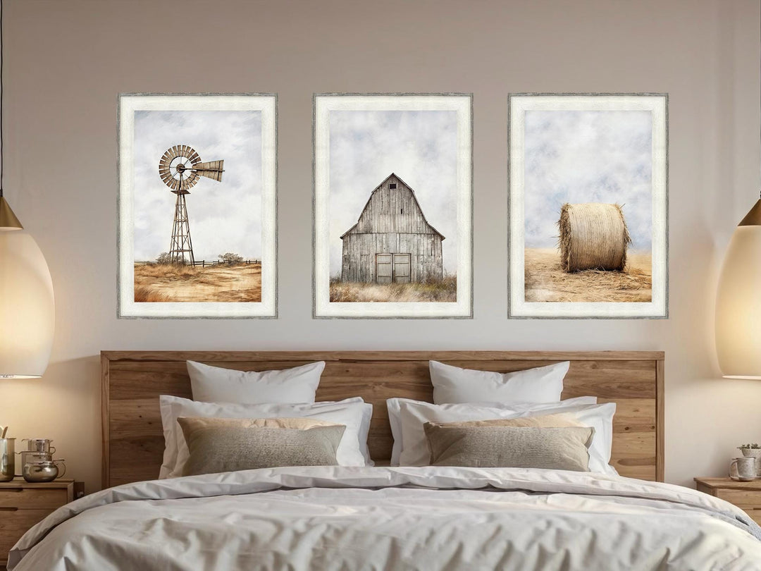 Set of 3 Farmhouse Barnwood Frame Canvas Wall Decor - Rustic Barn, Hay And Windmill