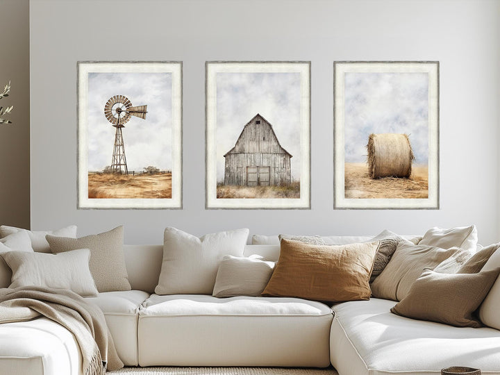 Set of 3 Farmhouse Barnwood Frame Canvas Wall Decor - Rustic Barn, Hay And Windmill
