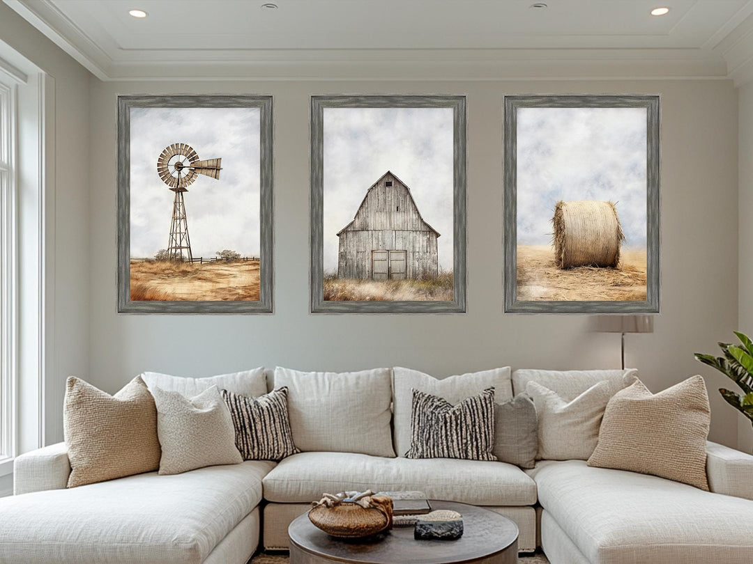 Set of 3 Farmhouse Barnwood Frame Canvas Wall Decor - Rustic Barn, Hay And Windmill