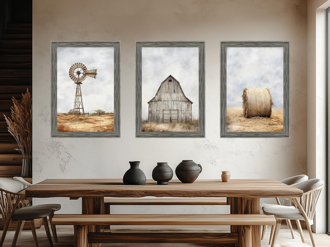 Set of 3 Farmhouse Barnwood Frame Canvas Wall Decor - Rustic Barn, Hay And Windmill