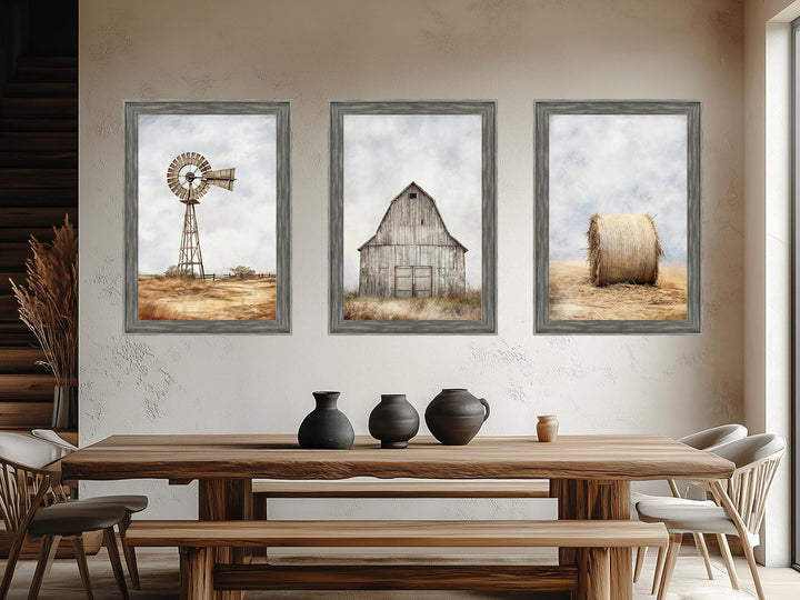 Set of 3 Farmhouse Barnwood Frame Canvas Wall Decor - Rustic Barn, Hay And Windmill